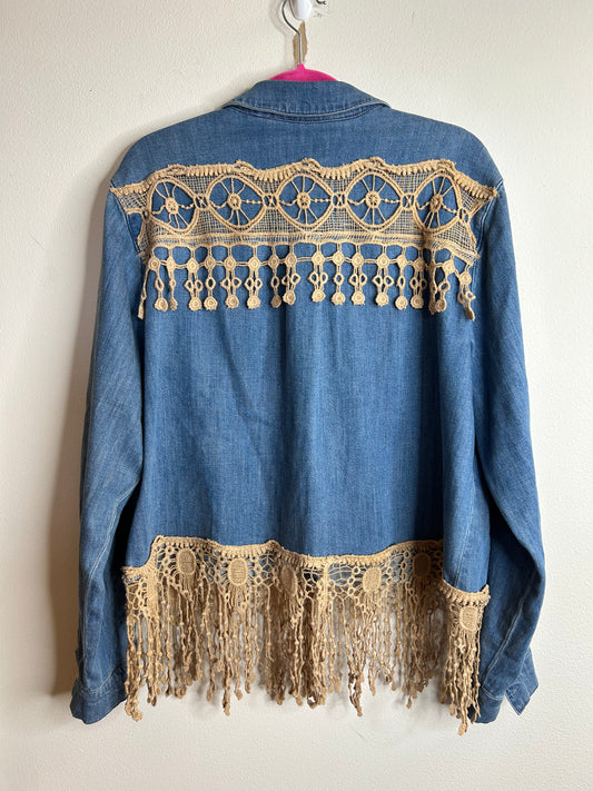 Denim upcycled shirt with crotchet fringe womens 2X