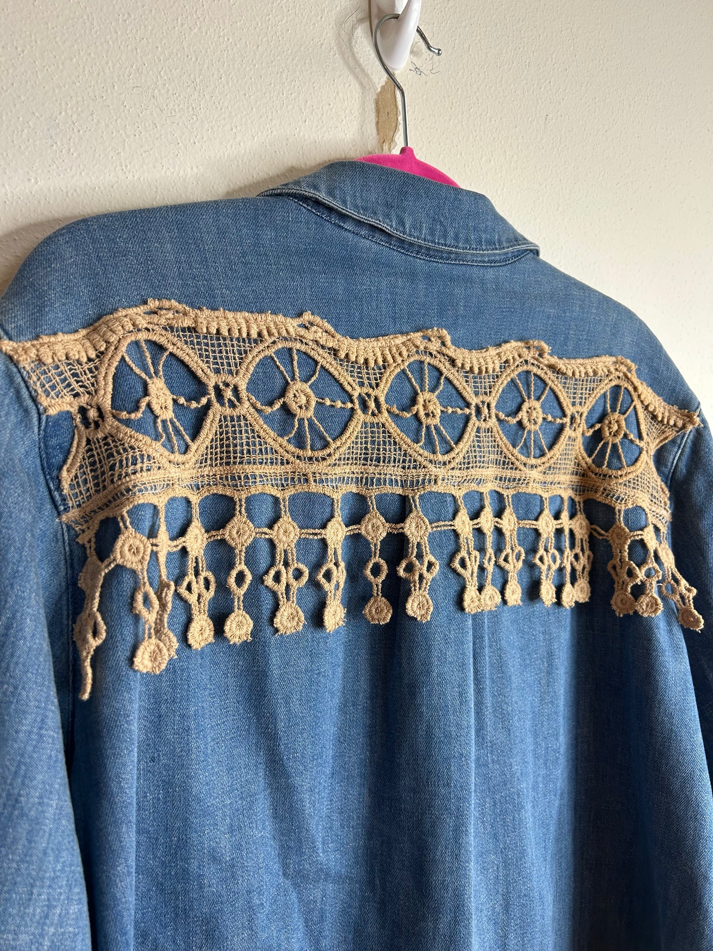 Denim upcycled shirt with crotchet fringe womens 2X