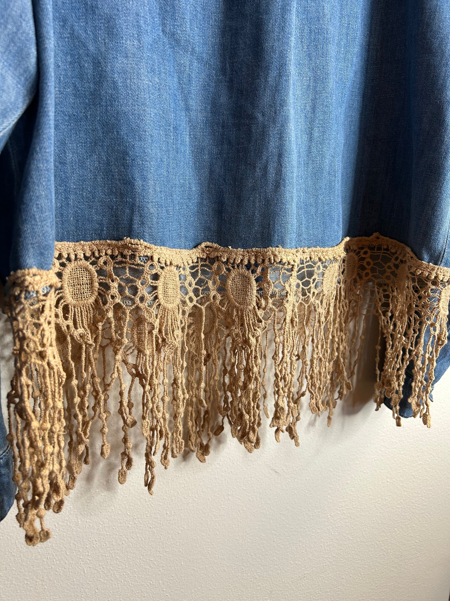 Denim upcycled shirt with crotchet fringe womens 2X