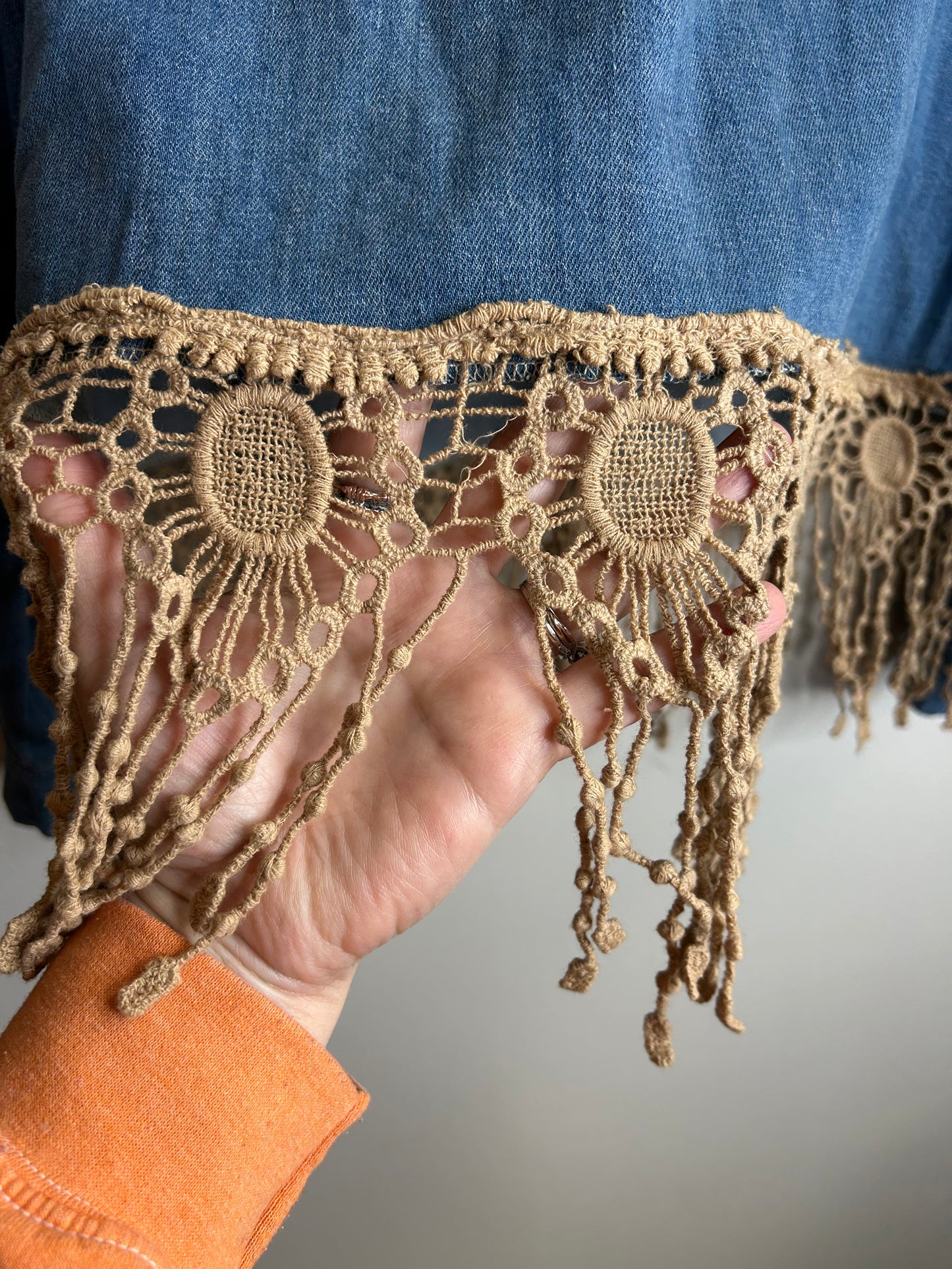 Denim upcycled shirt with crotchet fringe womens 2X