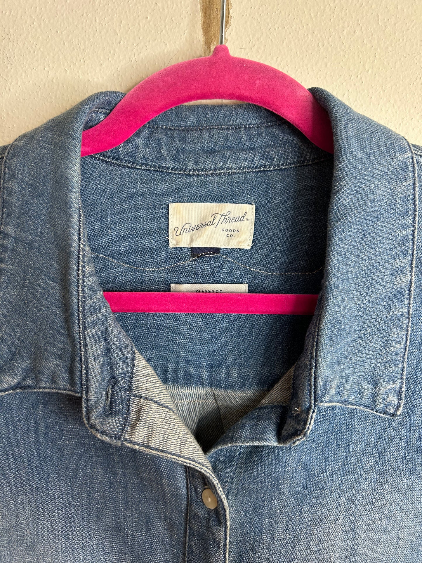 Denim upcycled shirt with crotchet fringe womens 2X