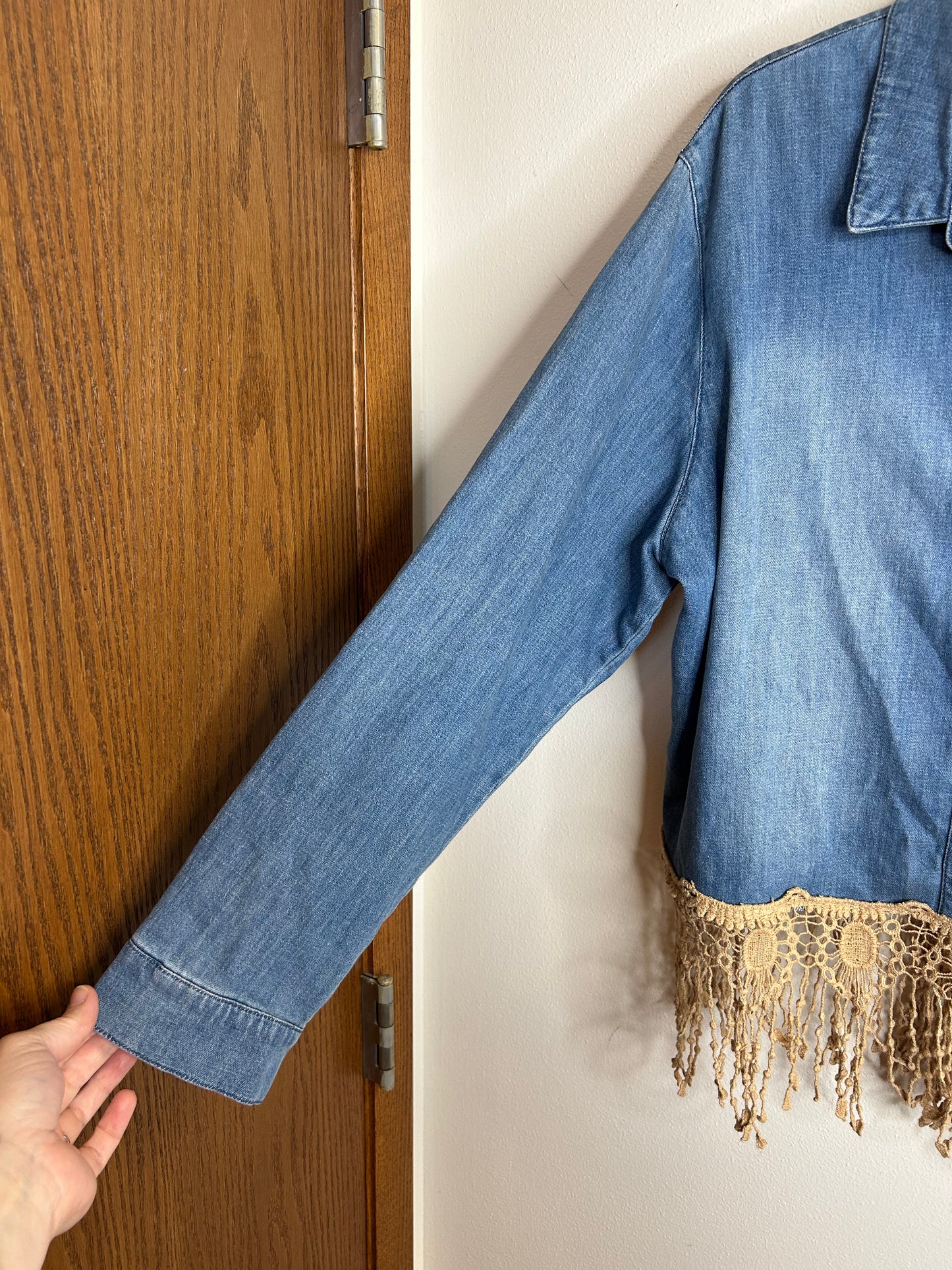 Denim upcycled shirt with crotchet fringe womens 2X