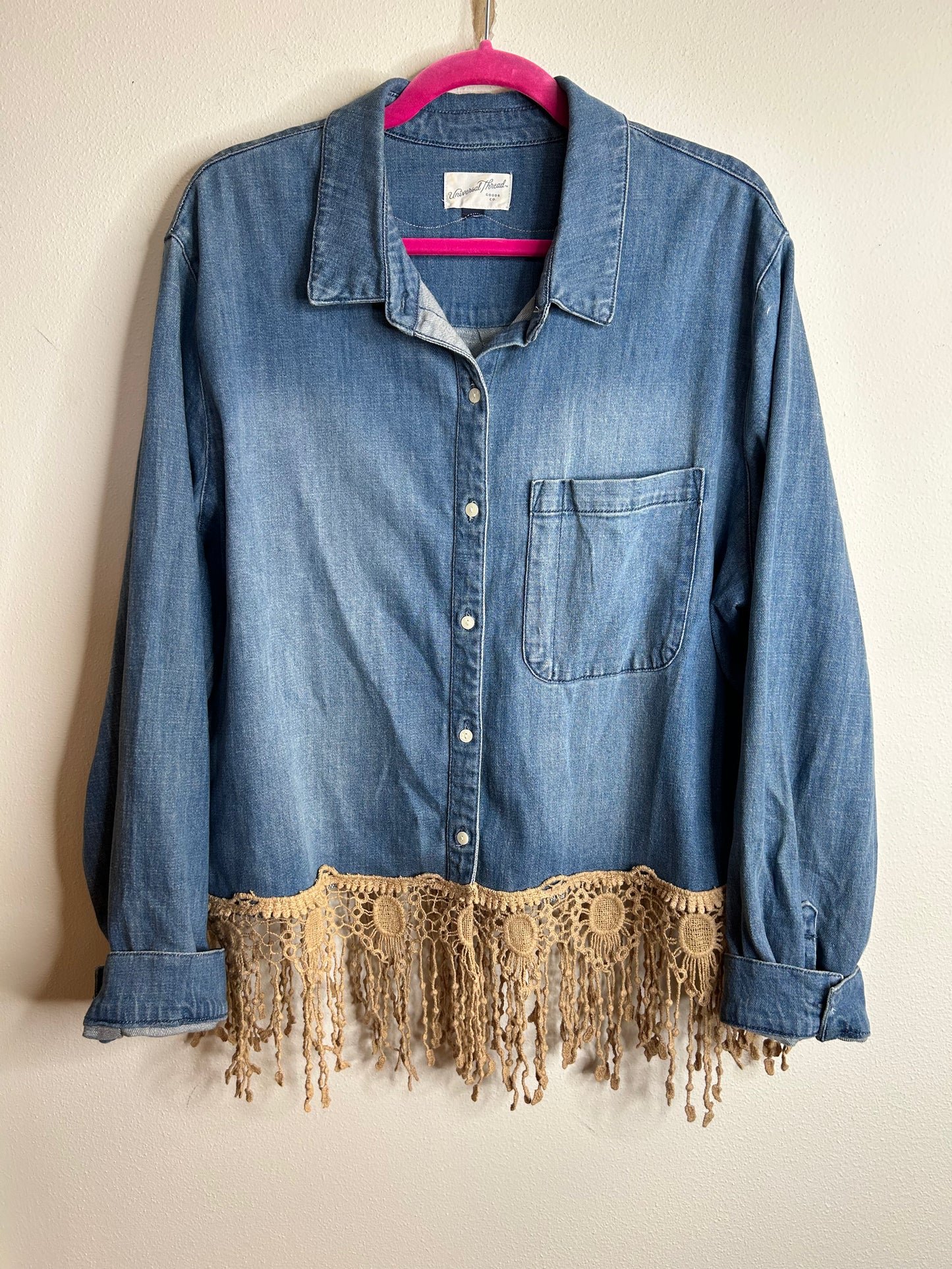 Denim upcycled shirt with crotchet fringe womens 2X