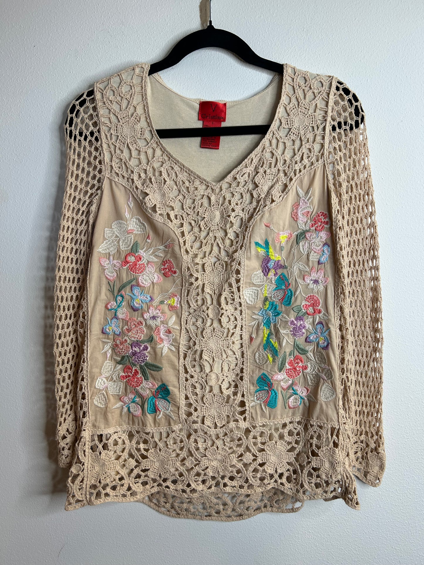 The Vera Cristina Crochet Embroidered Long Sleeve Boho Floral Blouse in size S