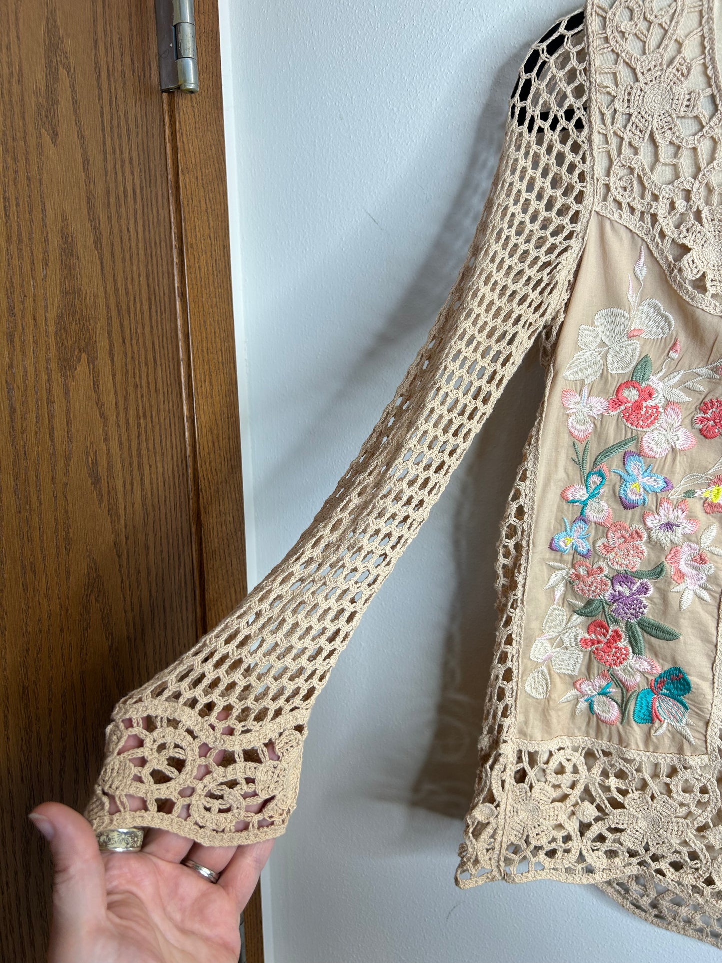 The Vera Cristina Crochet Embroidered Long Sleeve Boho Floral Blouse in size S