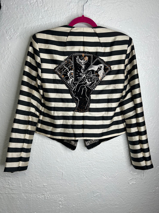 Tarot Card blazer jacket womens size M black cream stripes