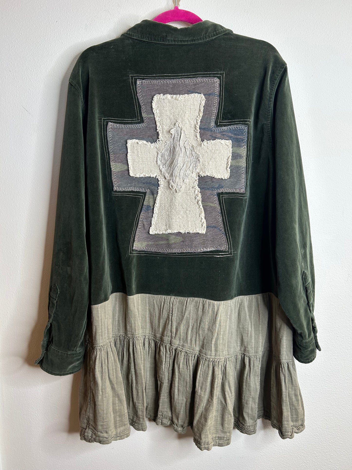Dark Green upcycled cross velvet long sleeve shirt womens size XL