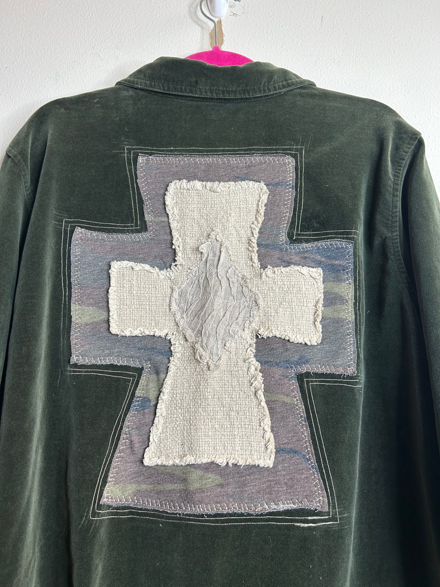 Dark Green upcycled cross velvet long sleeve shirt womens size XL