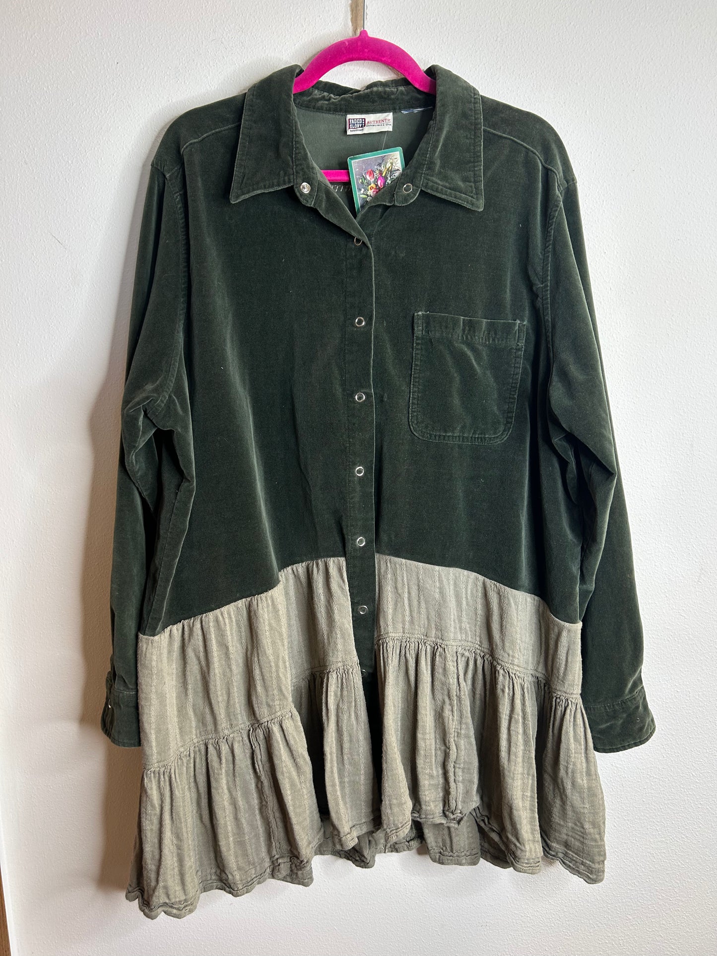 Dark Green upcycled cross velvet long sleeve shirt womens size XL