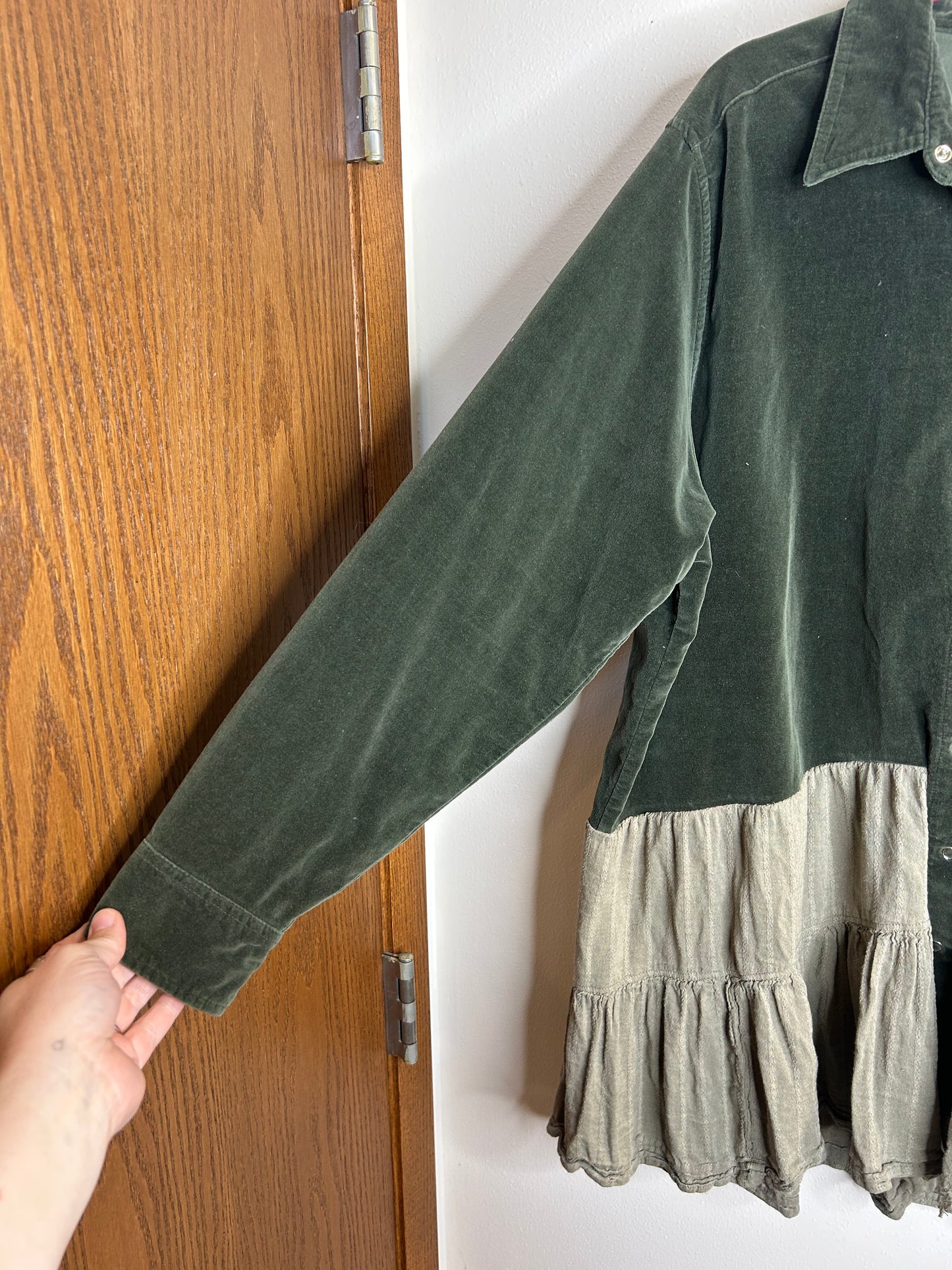 Dark Green upcycled cross velvet long sleeve shirt womens size XL