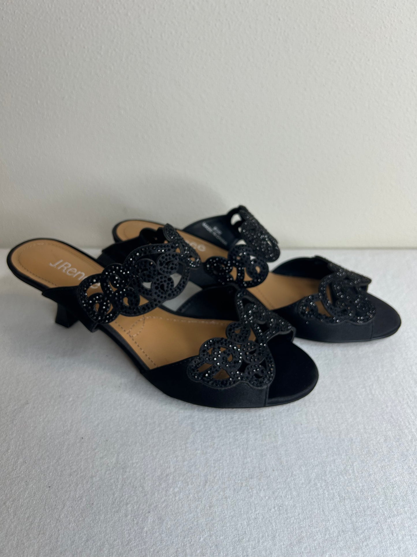 J. Renee Francie evening sandal in black satin fabric with rhinestone detailing. Womens 8.5W