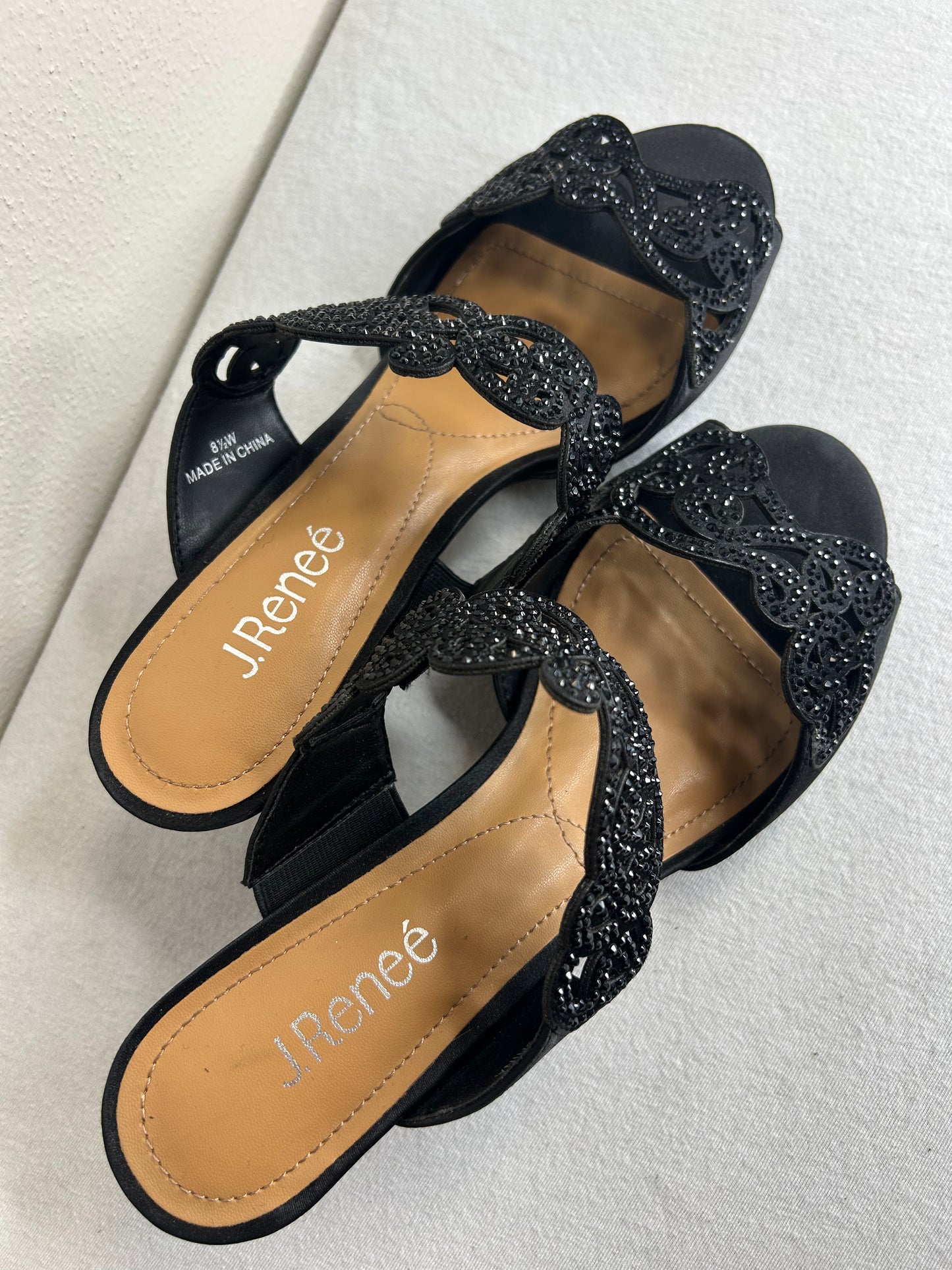 J. Renee Francie evening sandal in black satin fabric with rhinestone detailing. Womens 8.5W