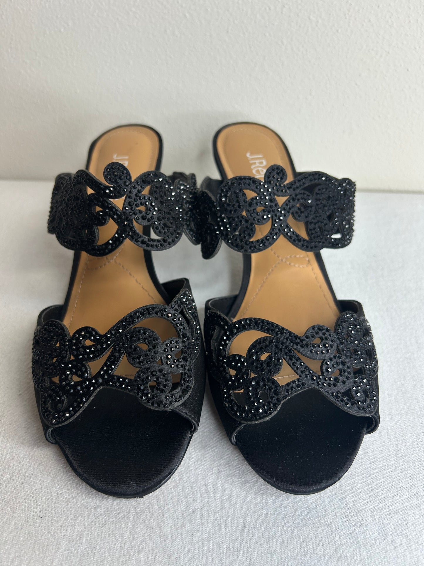 J. Renee Francie evening sandal in black satin fabric with rhinestone detailing. Womens 8.5W