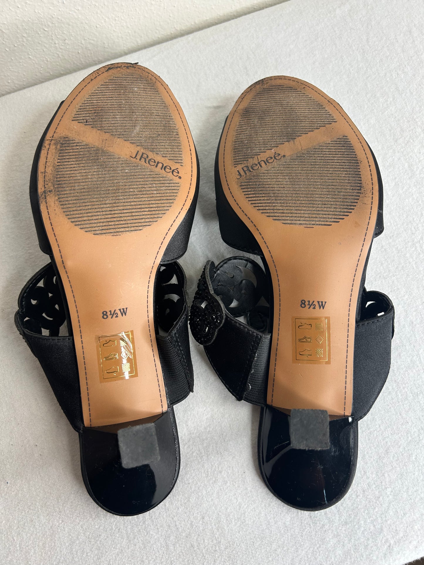 J. Renee Francie evening sandal in black satin fabric with rhinestone detailing. Womens 8.5W