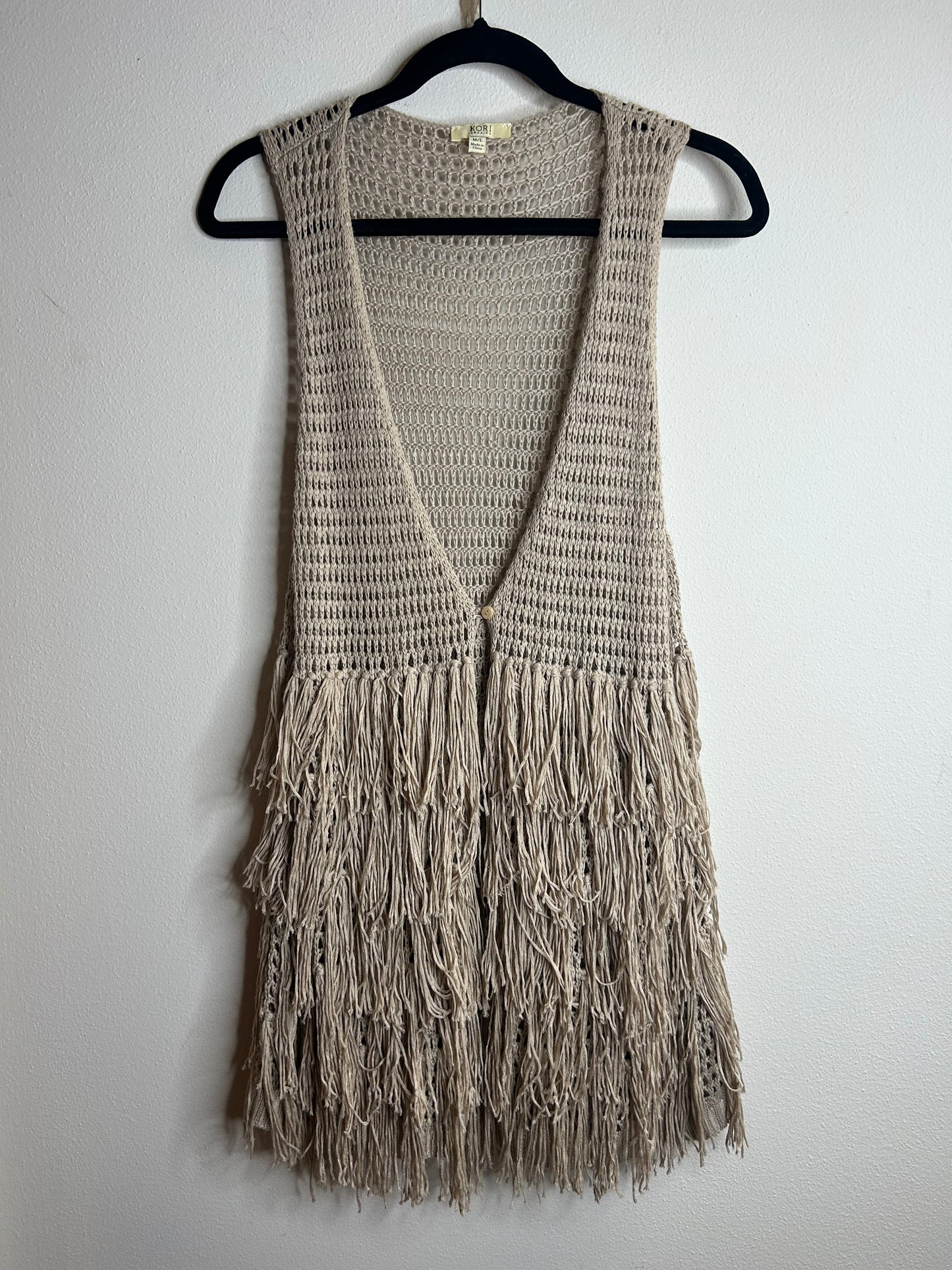 Kori America women’s M/L boho hippie crotchet beige tan fringe long vest