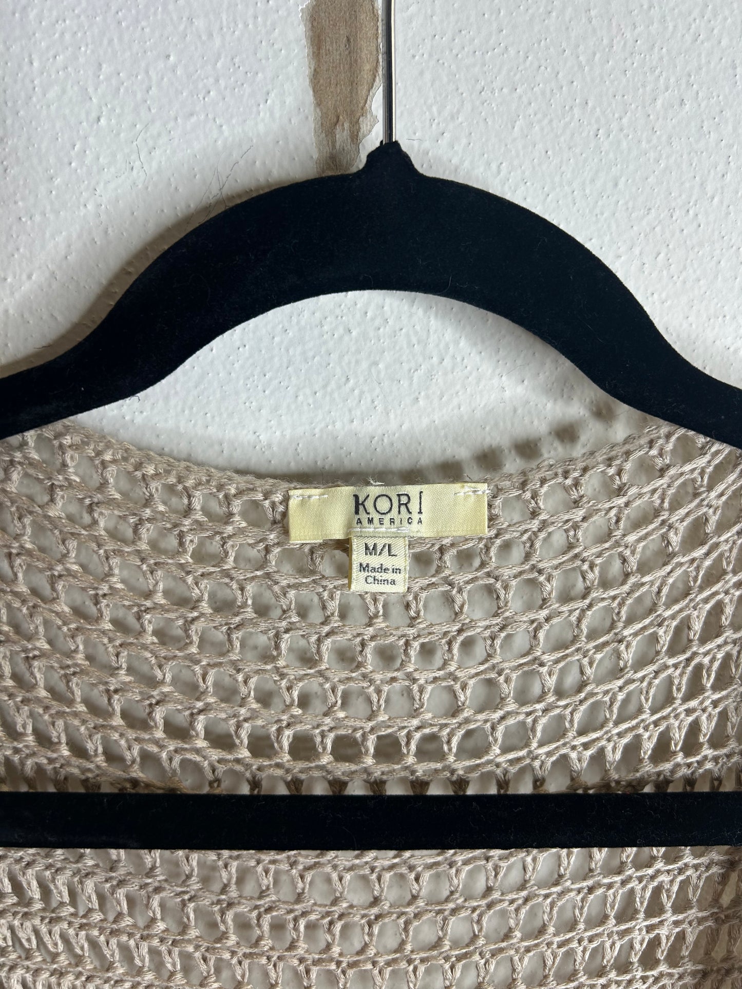 Kori America women’s M/L boho hippie crotchet beige tan fringe long vest