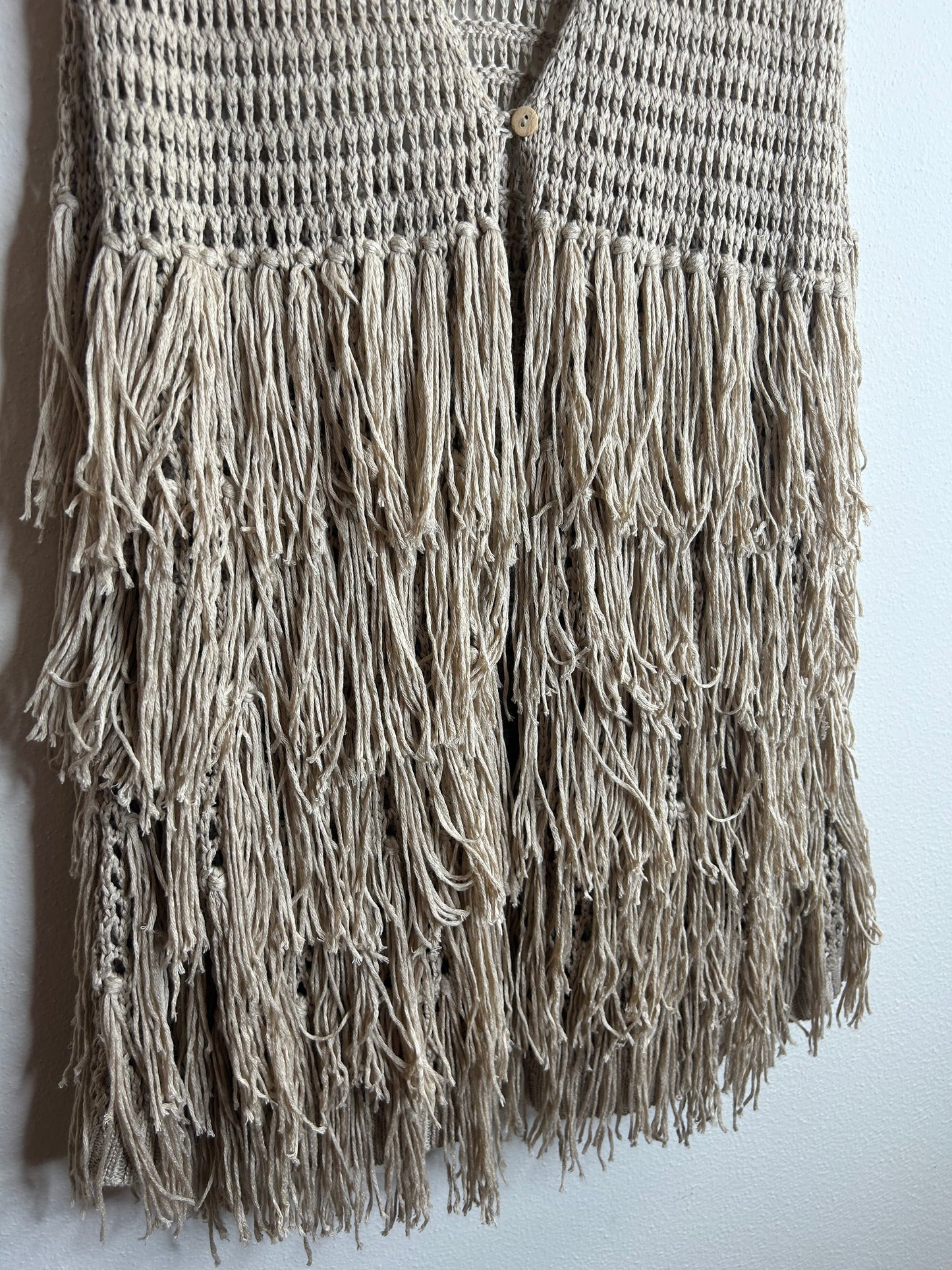 Kori America women’s M/L boho hippie crotchet beige tan fringe long vest