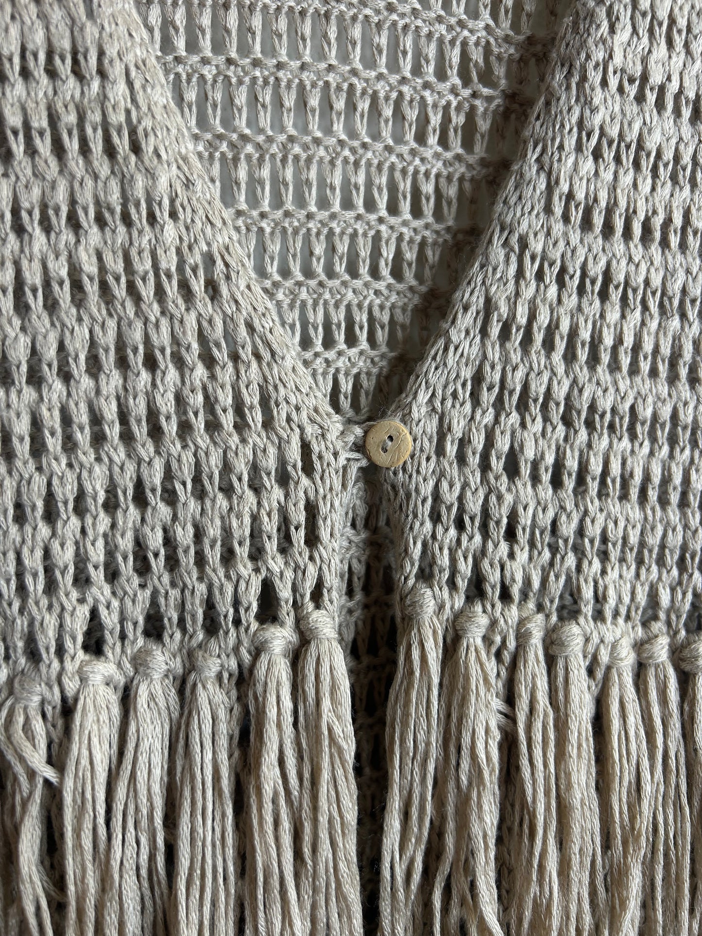 Kori America women’s M/L boho hippie crotchet beige tan fringe long vest