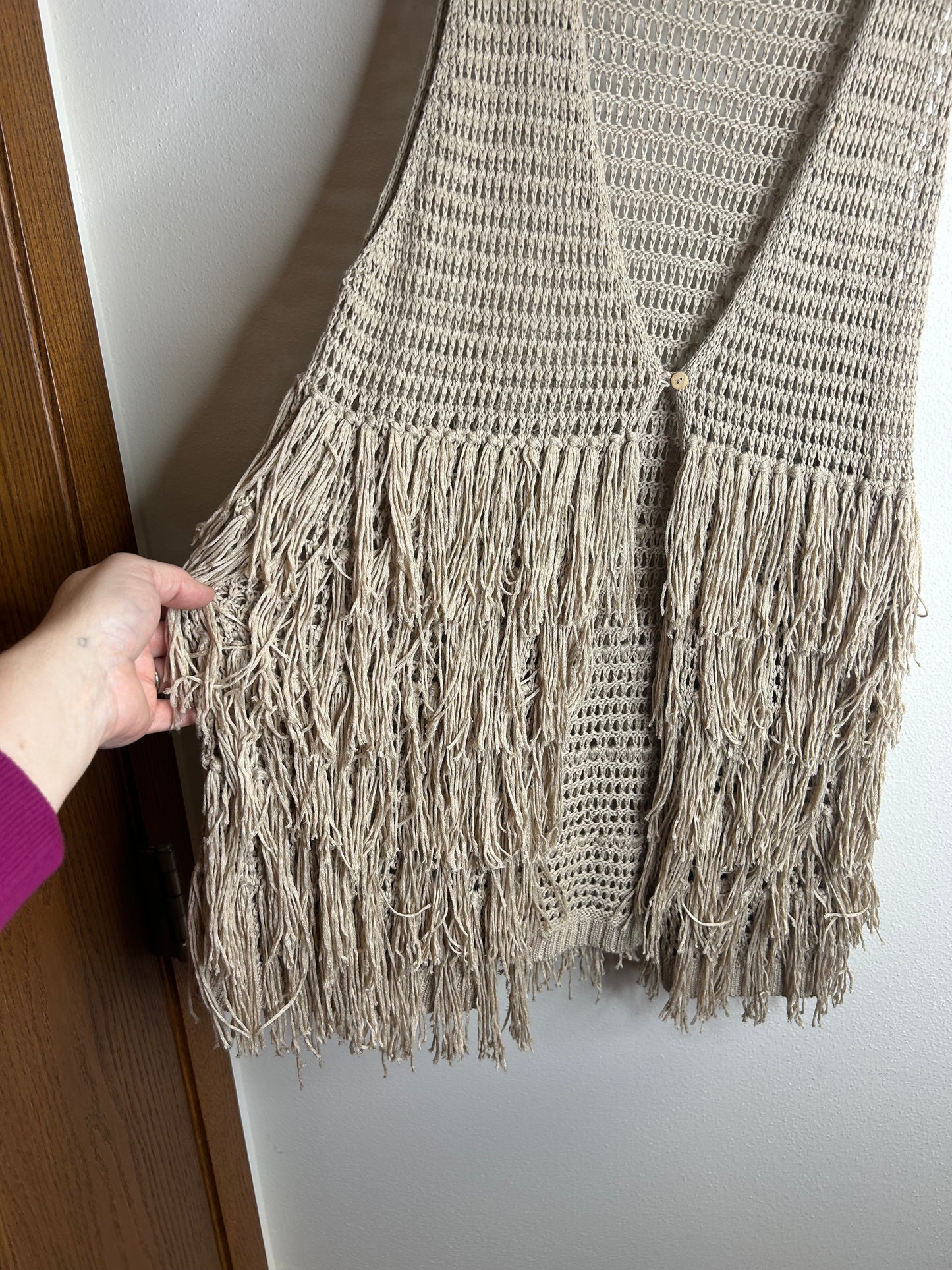 Kori America women’s M/L boho hippie crotchet beige tan fringe long vest
