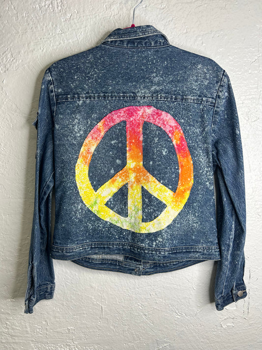 Upcycled peace sign denim jacket womens size M blue pink