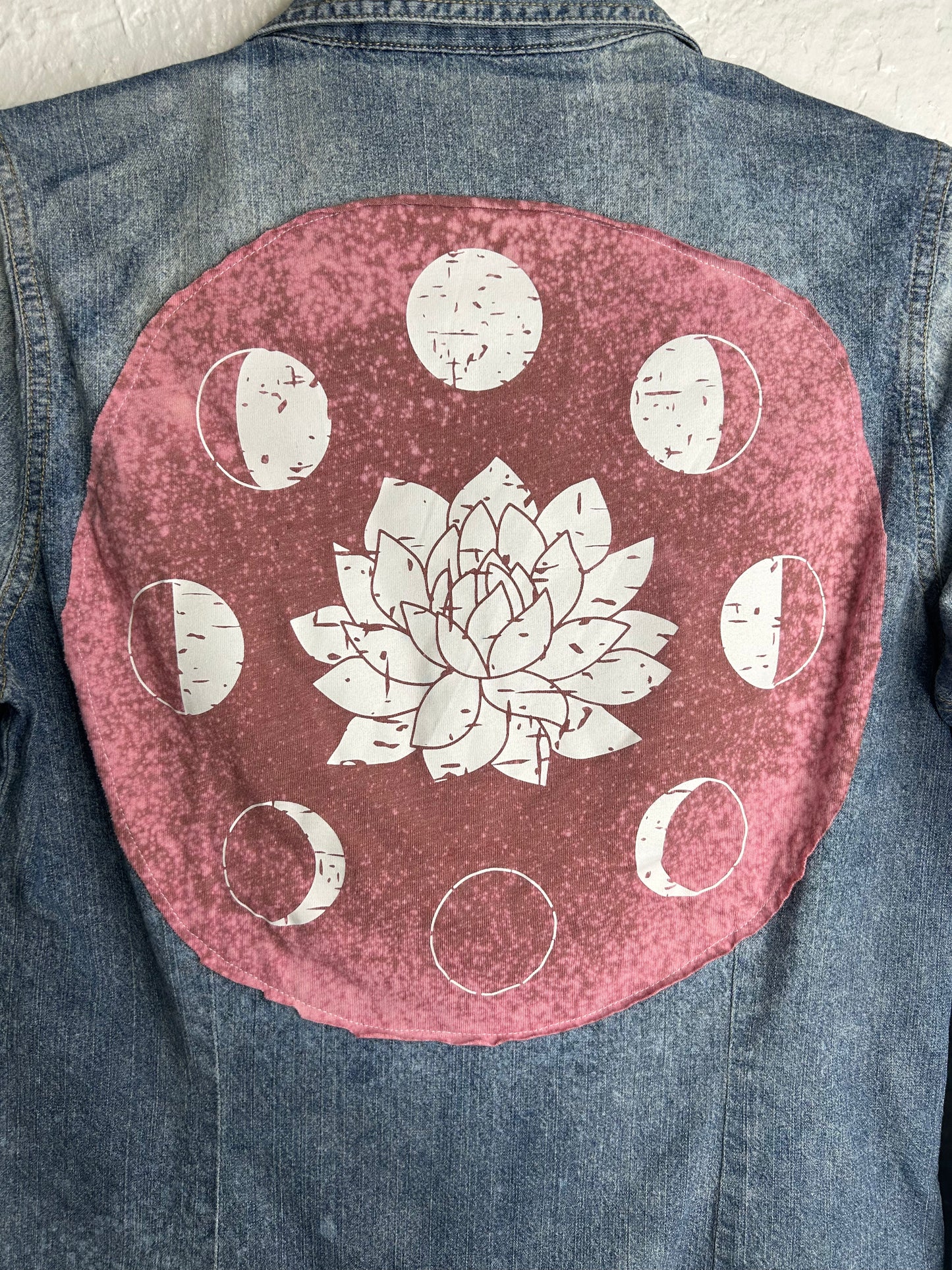 lotus flower moon phases denim shirt blue pink womens size S