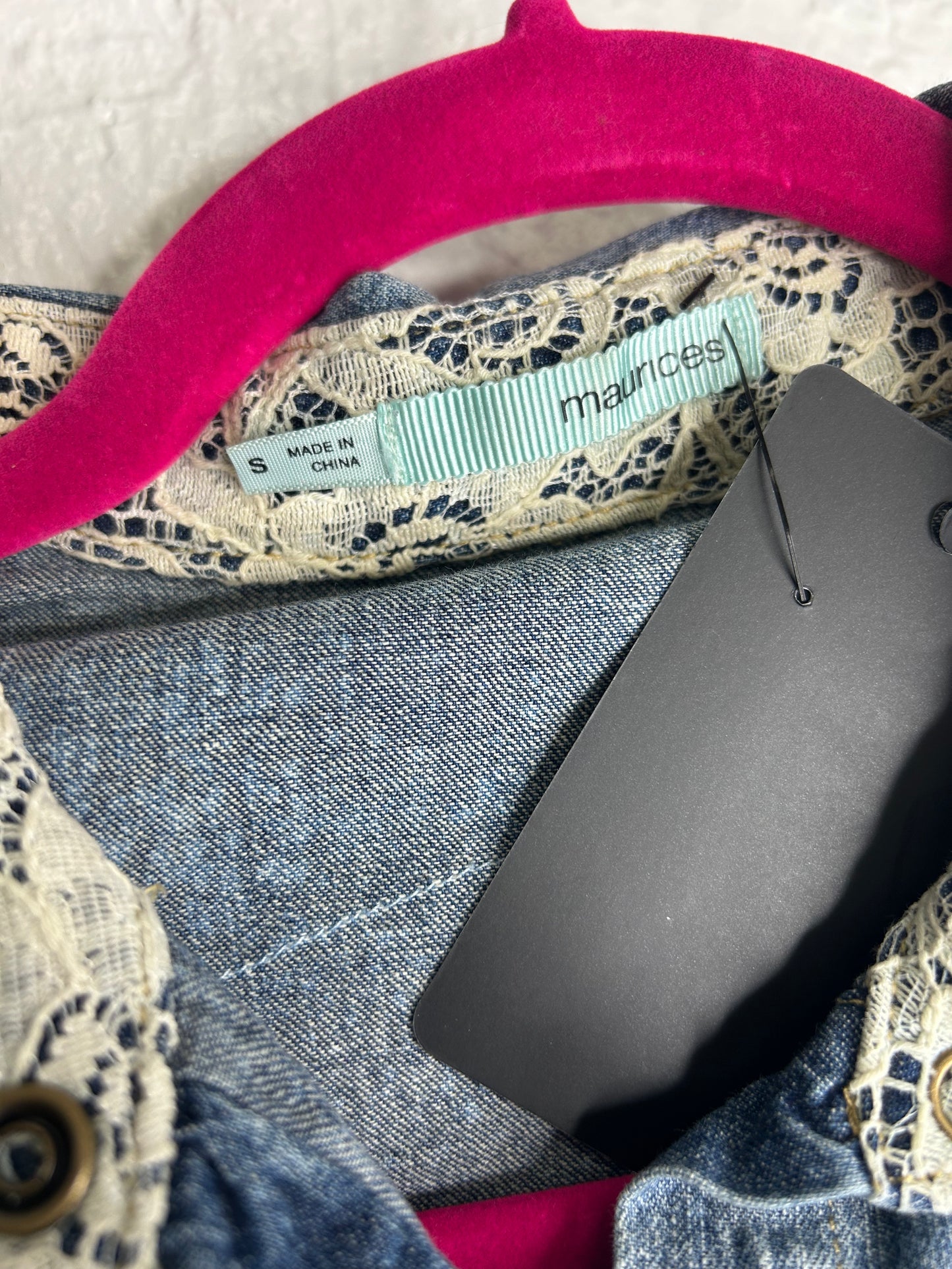 lotus flower moon phases denim shirt blue pink womens size S