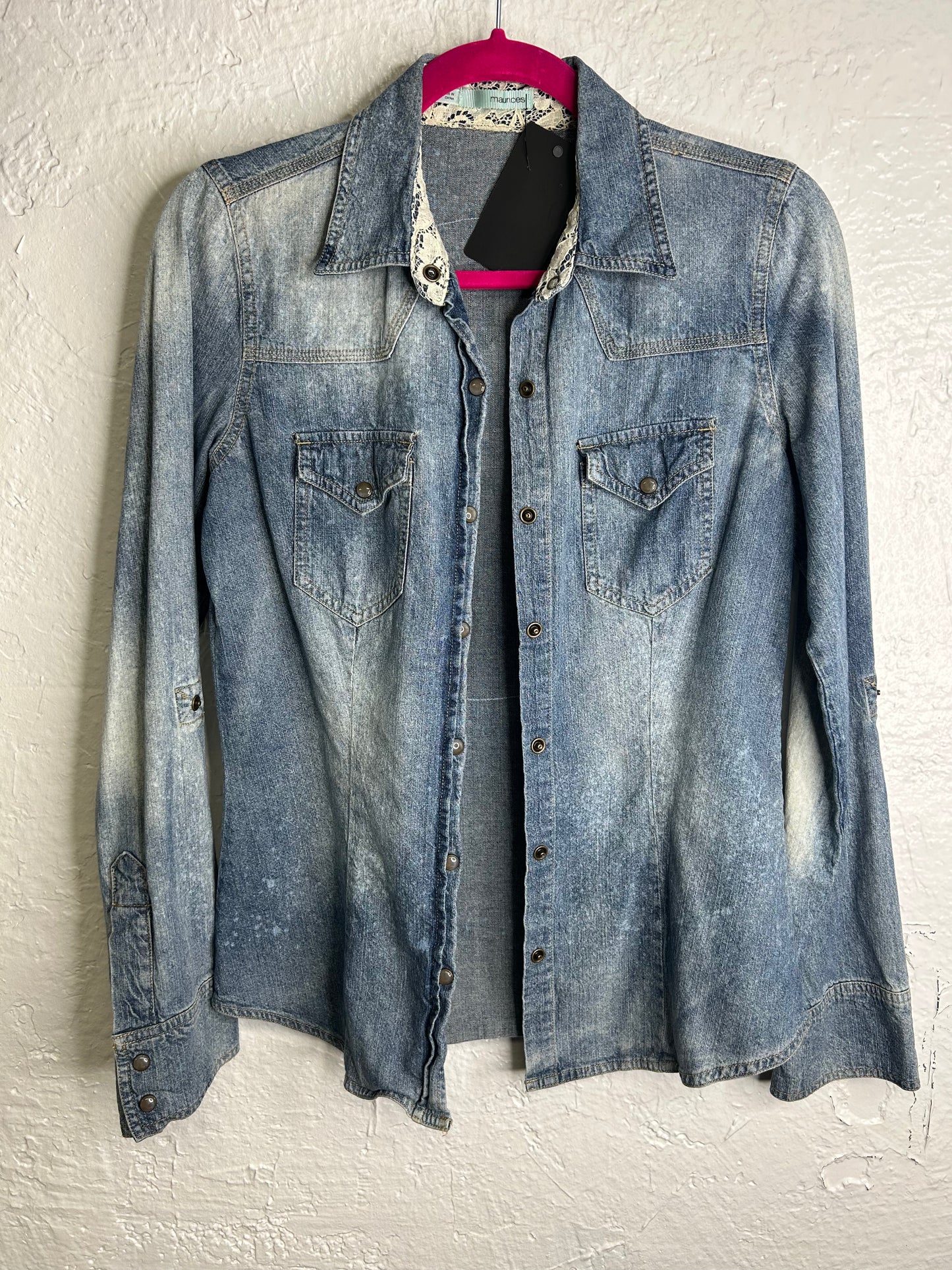 lotus flower moon phases denim shirt blue pink womens size S