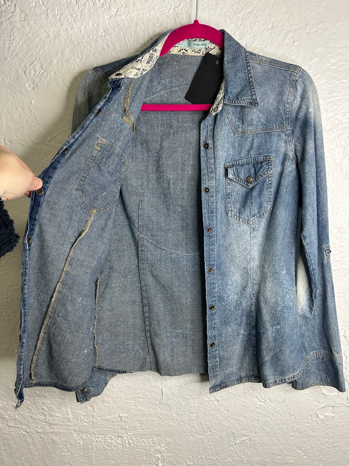 lotus flower moon phases denim shirt blue pink womens size S