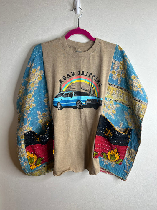 Road Tripping upcycled kantha top, one size