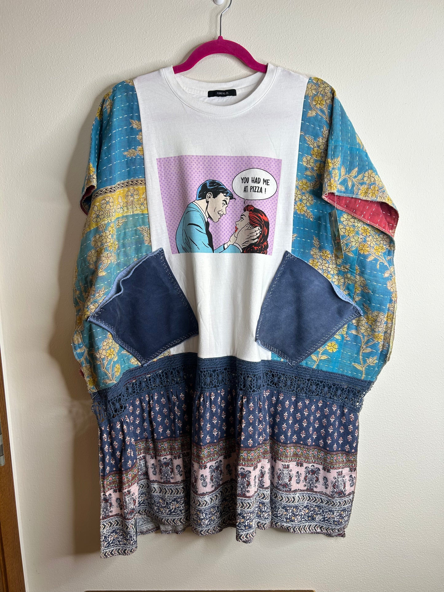 Pizza upcycled kantha top, one size