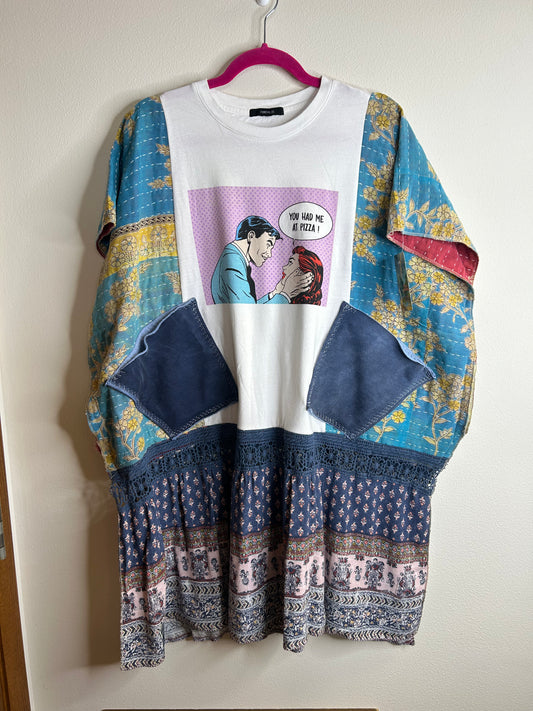 Pizza upcycled kantha top, one size