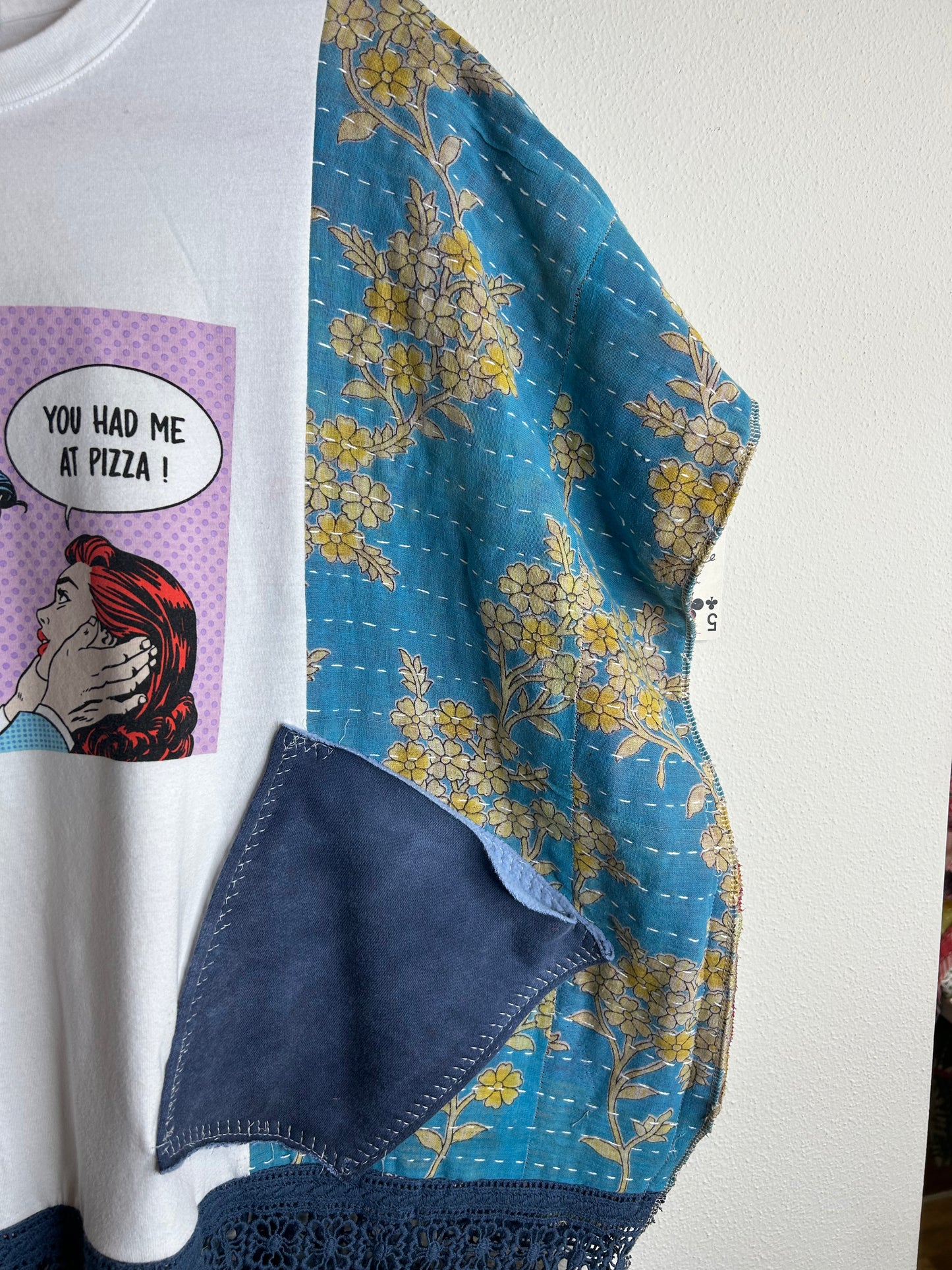 Pizza upcycled kantha top, one size