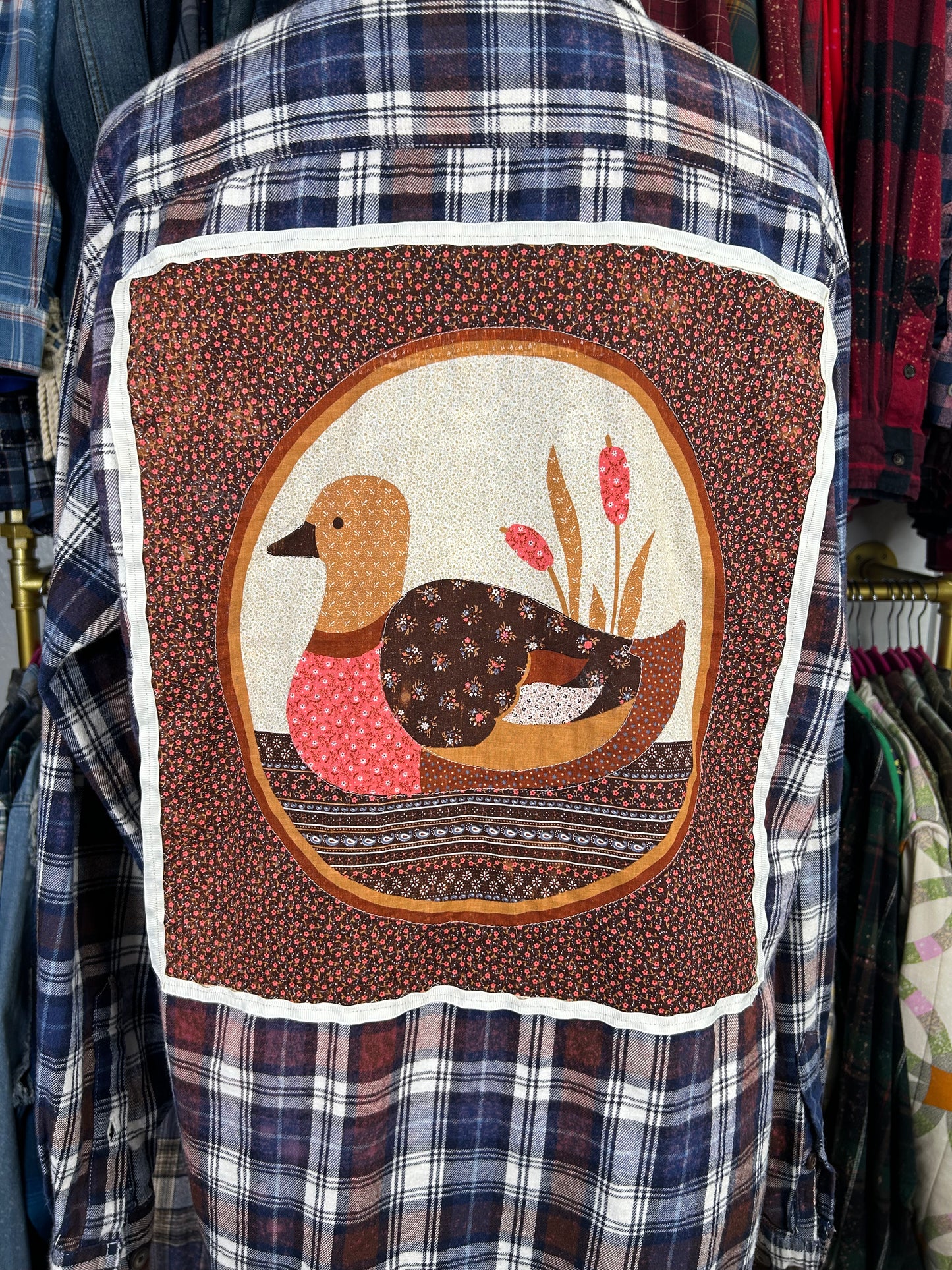 Duck upcycled flannel shirt unisex/mens size L blue brown