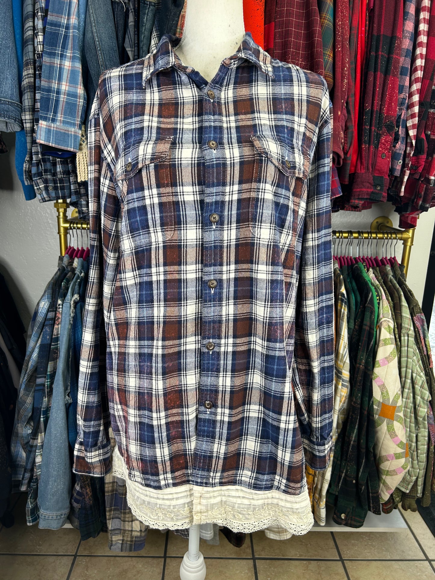 Duck upcycled flannel shirt unisex/mens size L blue brown