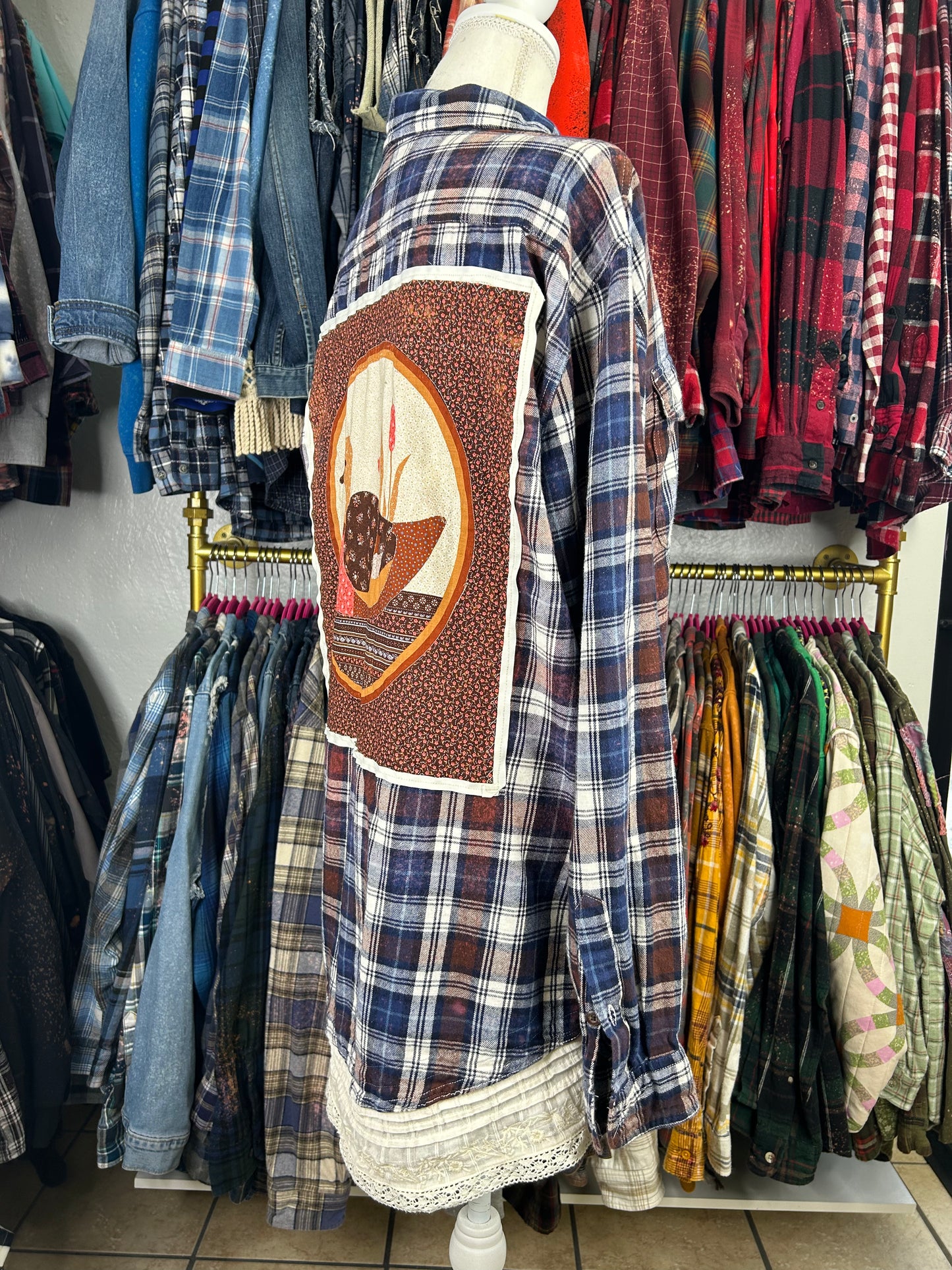 Duck upcycled flannel shirt unisex/mens size L blue brown