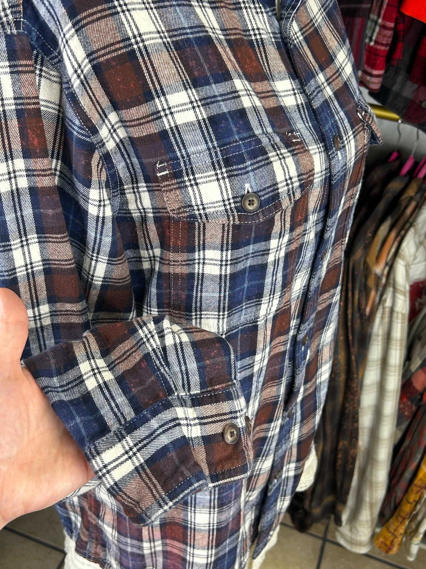 Duck upcycled flannel shirt unisex/mens size L blue brown