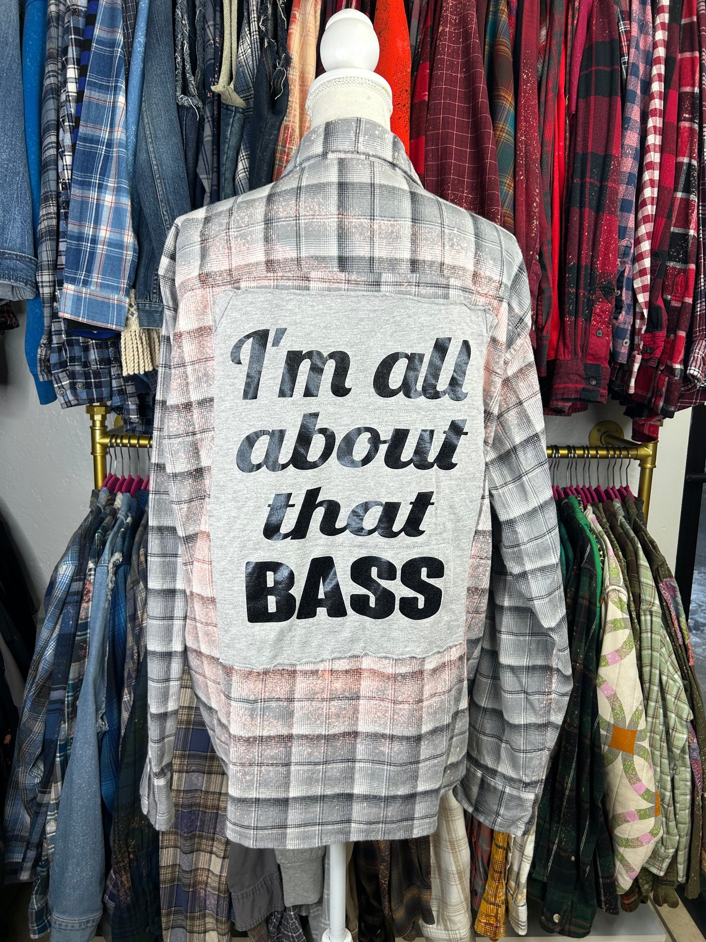 All About That Bass upcycled flannel shirt unisex size XXL gray black