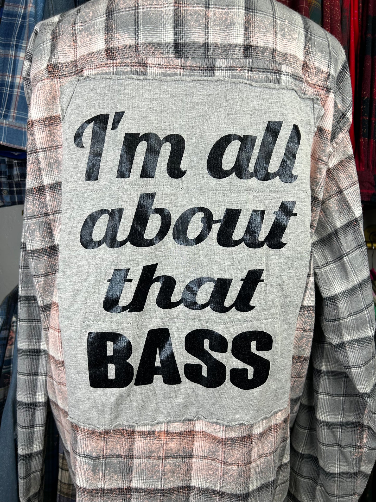 All About That Bass upcycled flannel shirt unisex size XXL gray black