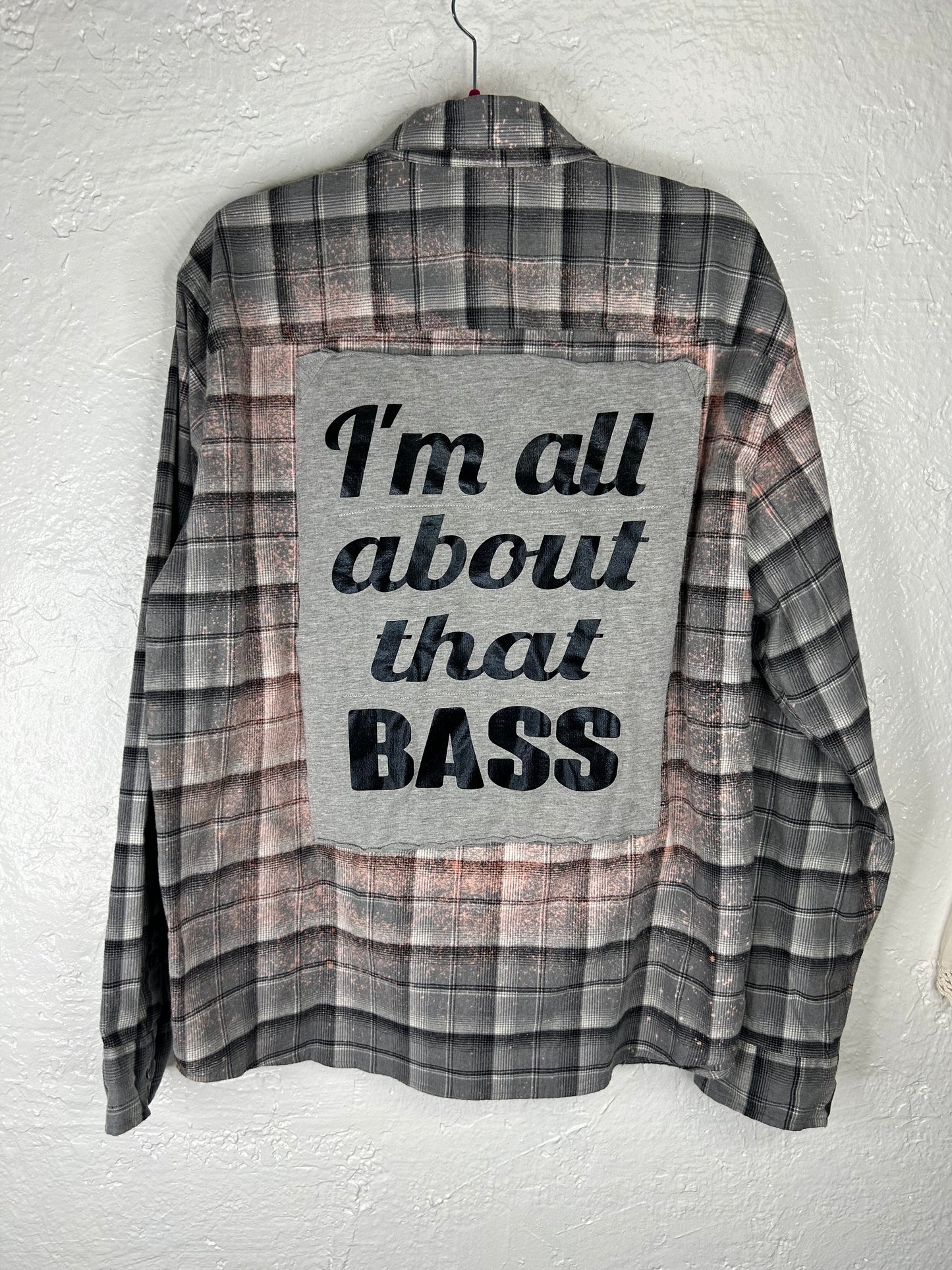 All About That Bass upcycled flannel shirt unisex size XXL gray black