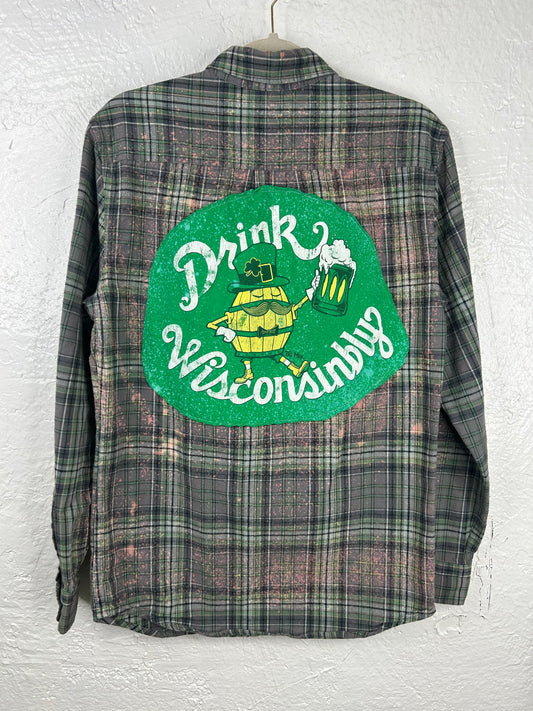 St Patricks Day Wisconsin upcycled flannel shirt unisex size S