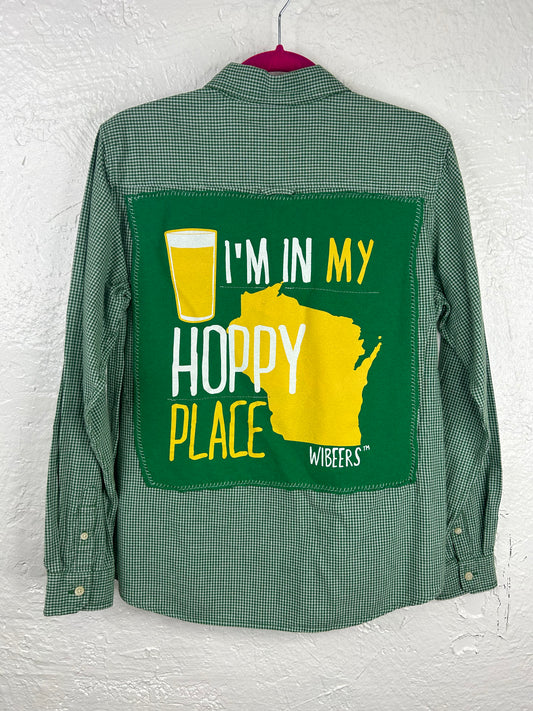 In My Hoppy Place Wisconsin St Patricks Day upcycled flannel shirt unisex M