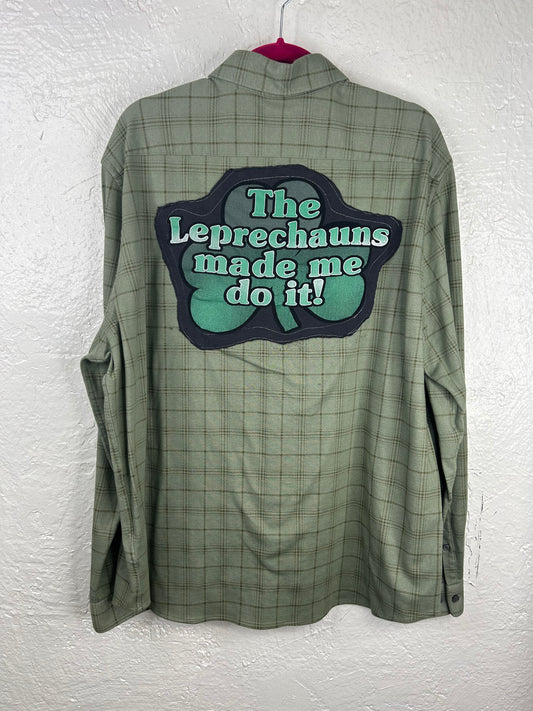 Leprechauns Made Me Do It St Patricks Day upcycled flannel shirt unisex XL