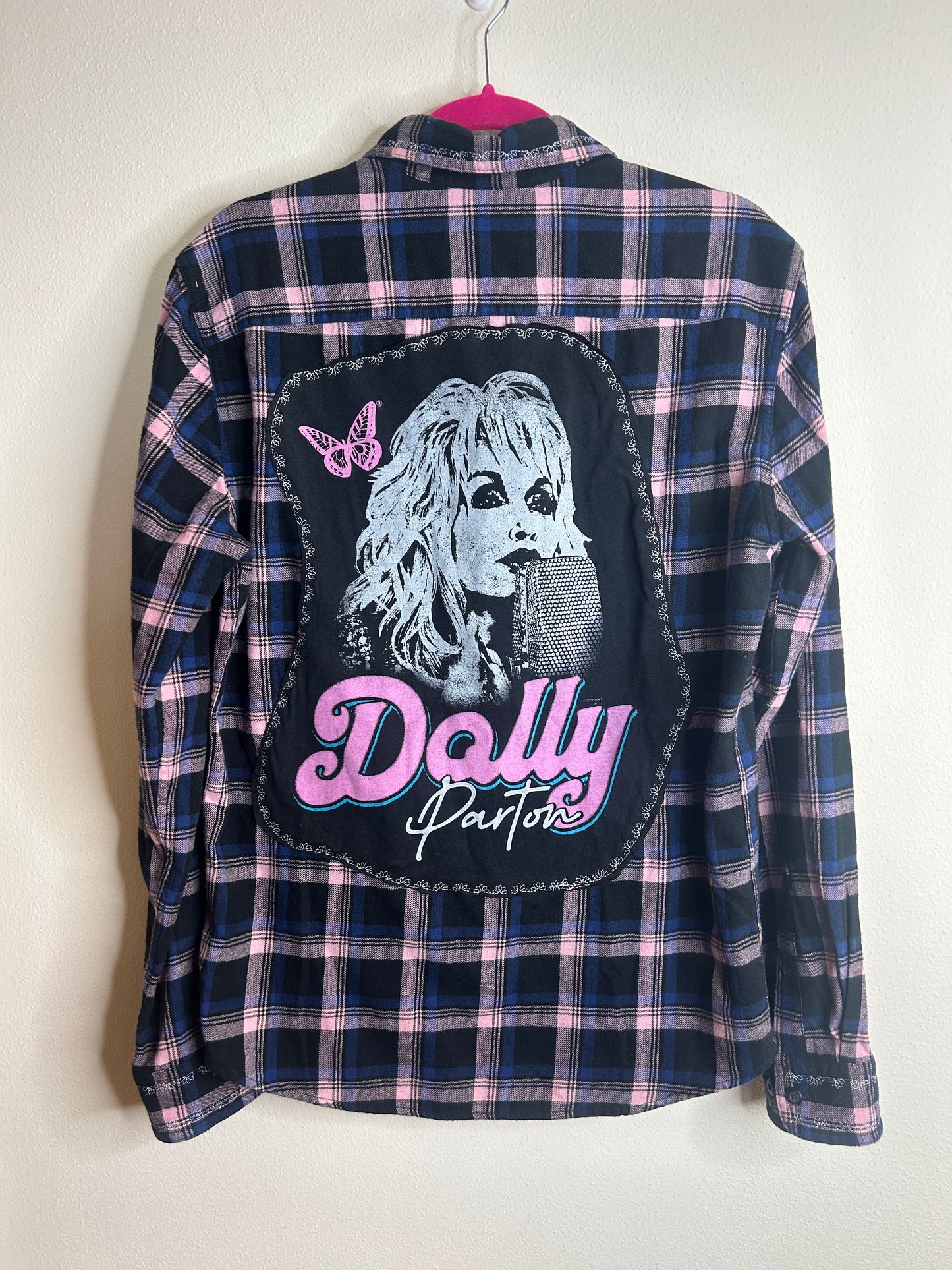 Dolly Parton upcycled flannel shirt unisex size S