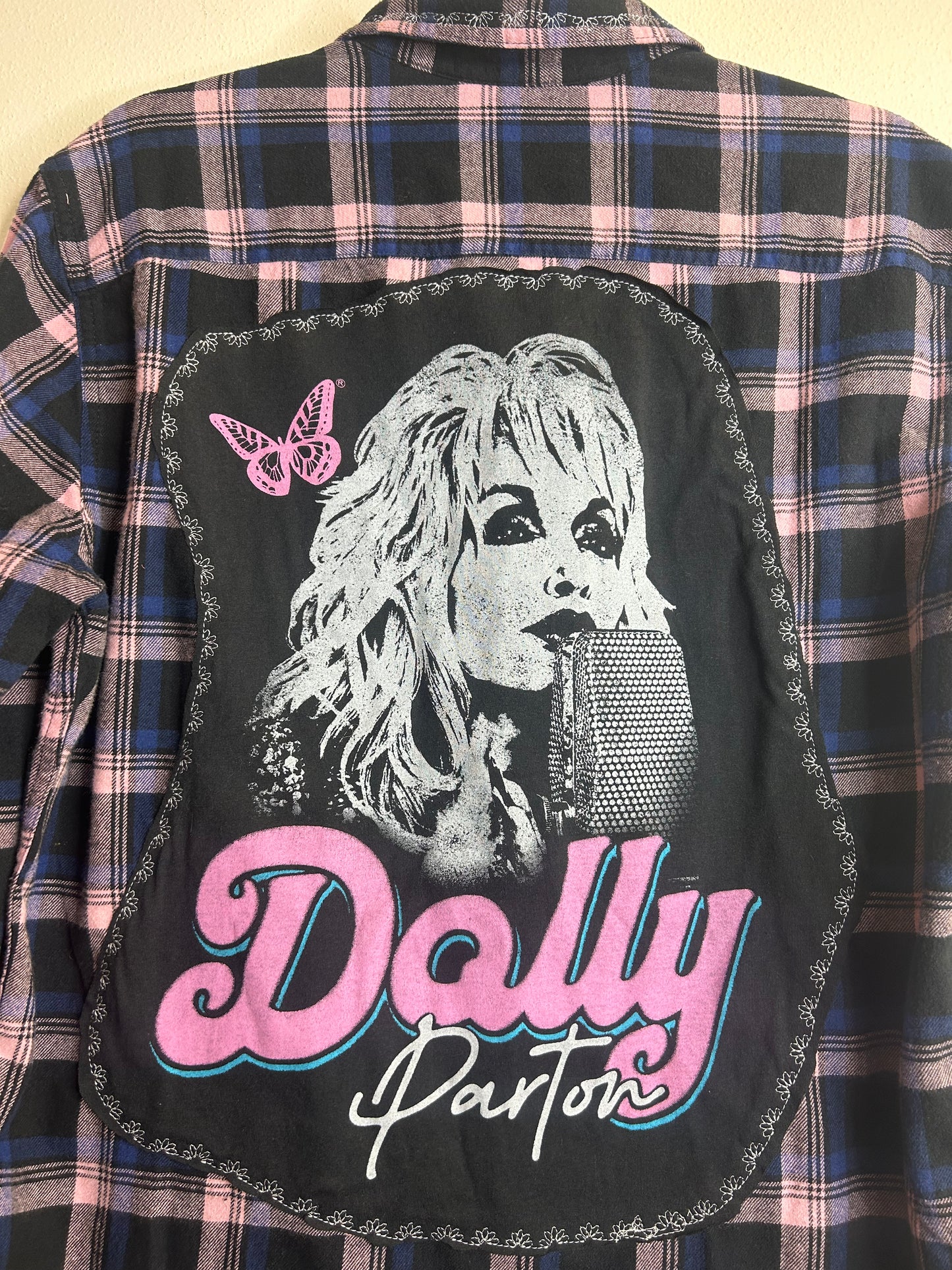 Dolly Parton upcycled flannel shirt unisex size S