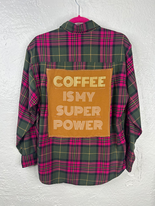 Coffee upcycled flannel shirt womens size M pink green