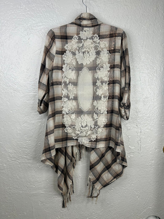 Boho upcycled cardigan flannel womens size S