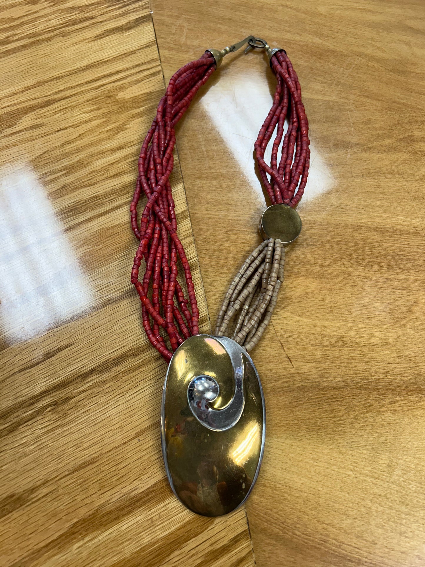 Vintage Indian beaded necklace with large metal pendant