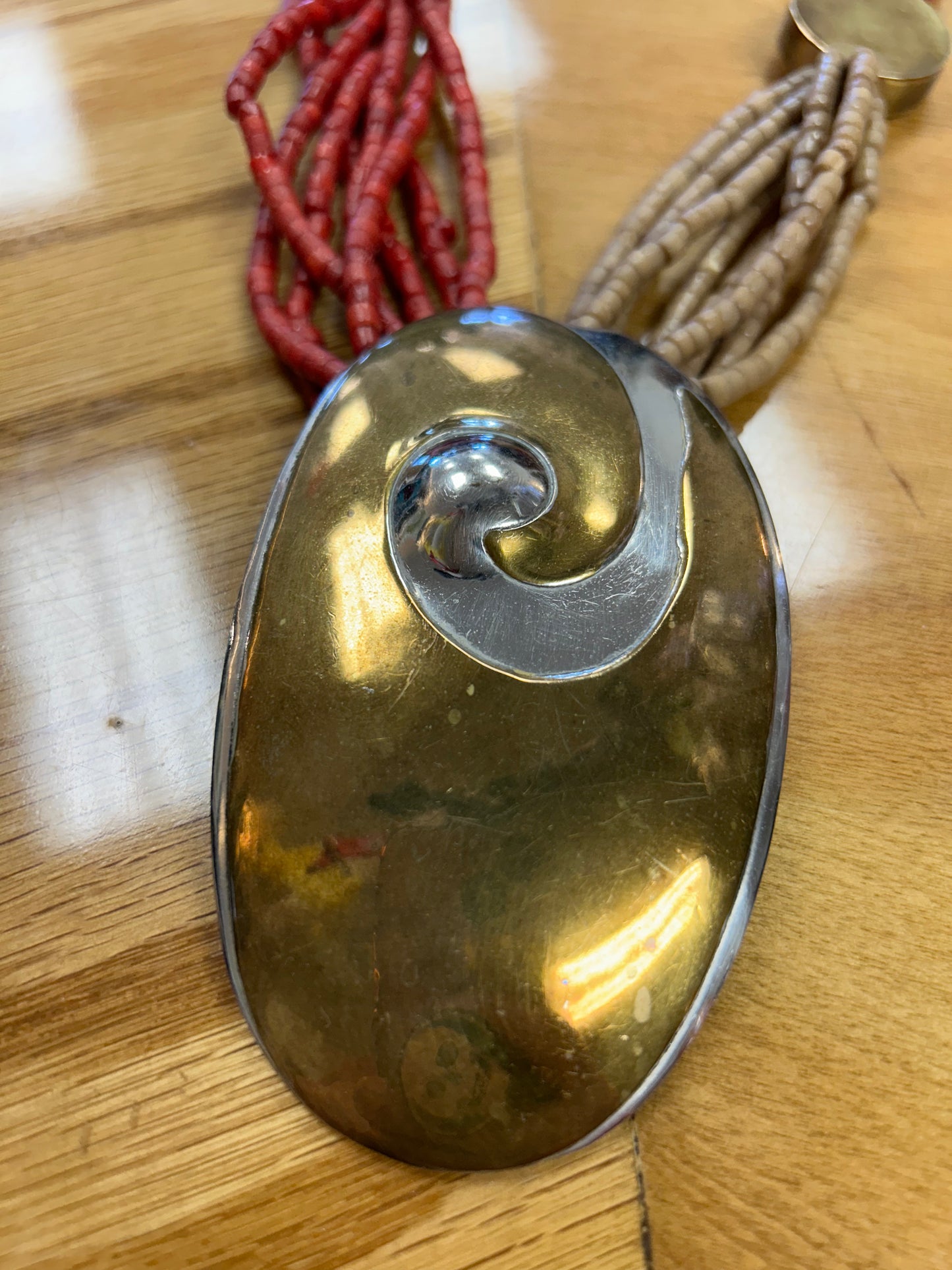 Vintage Indian beaded necklace with large metal pendant