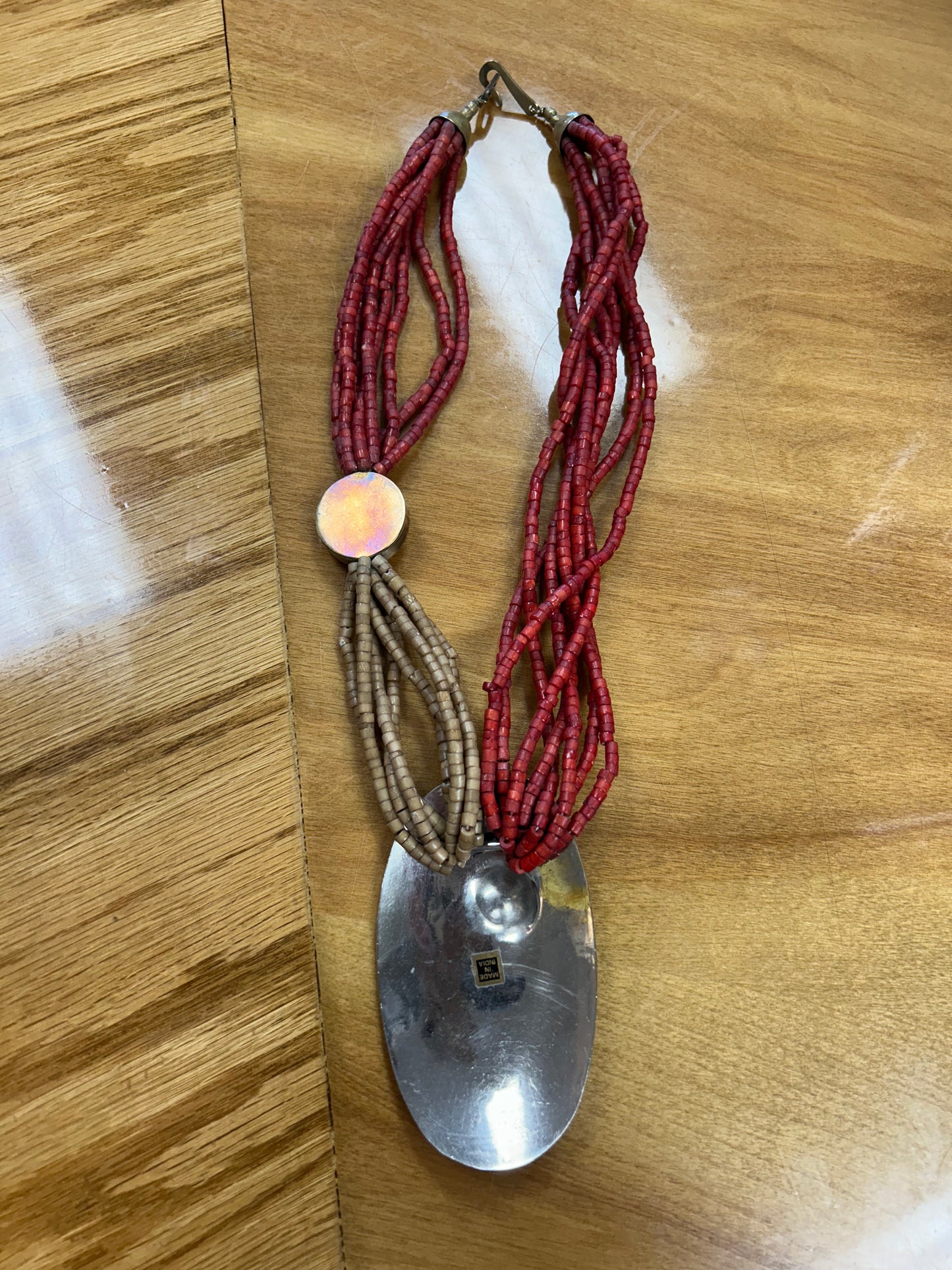 Vintage Indian beaded necklace with large metal pendant
