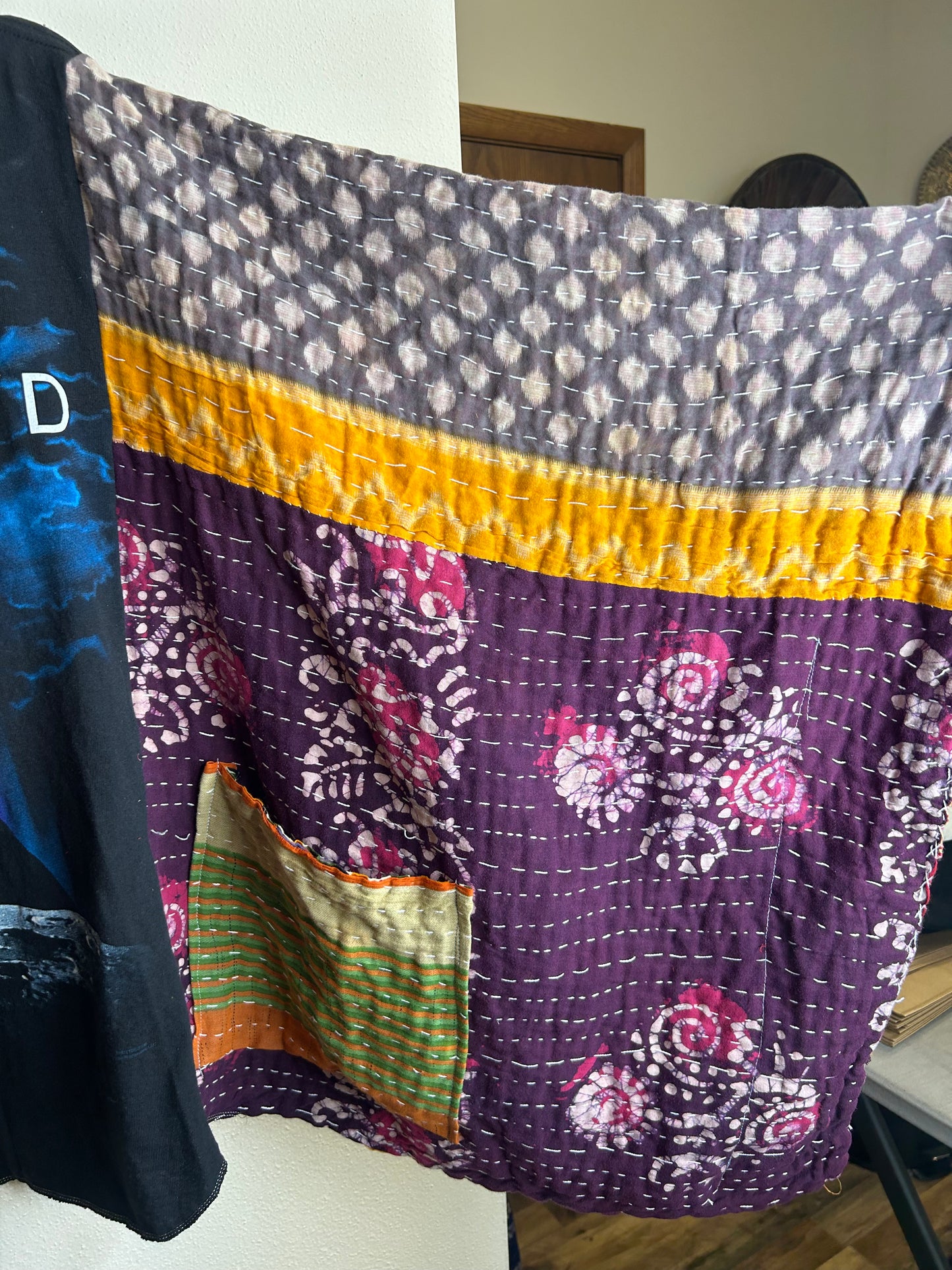 Pink Floyd upcycled kantha poncho